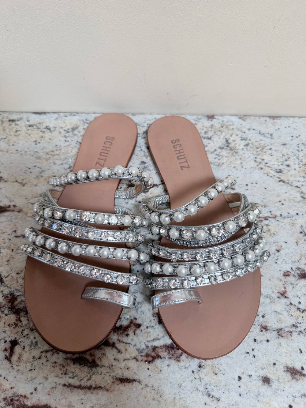 SCHUTZ Silver Pearl & Crystal Multi-Strap Slide Sandals